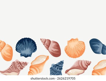 poster with a marine theme, namely with colorful sea shells, shells and mollusks of various shapes on a white background