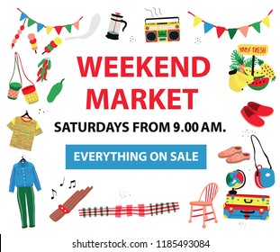 The poster for market fair like weekend market,flea market,night market, all colorful doodle style on white background, illustration, vector