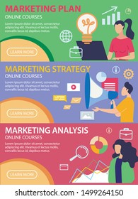 Poster Marketing Analysis Online Courses Flat. Marketing Plan and Marketing Strategy. Men and Women Improve their Skills Through Online Education. Affordable Training for Men and Women.