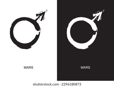 Poster of Mars astrological symbol in two color versions. Planet glyph. Black ink handwriting. Vector.