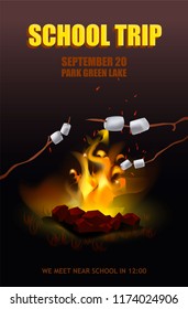 A poster with a marshmallow and a fire in the forest. Template for the poster of travel to the forest for a picnic. Bonfire with marshmallows on sticks at night.