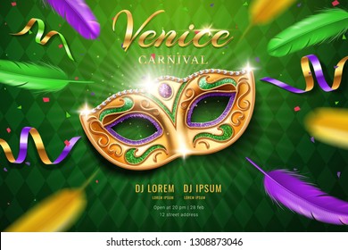 Poster with masquerade mask for mardi gras festival. Venetian carnival face cover part with feather and confetti, diamonds. Fat tuesday festive and venice holiday flyer, party and celebration theme