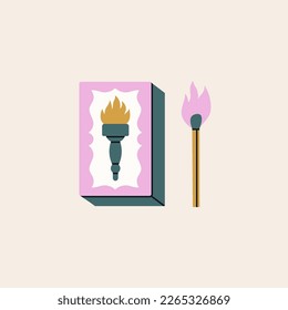 Poster of a matchbox. Household goods, cozy home concept. Hand drawn vector illustration in nice pastel colors. For social media, web and typographic design.