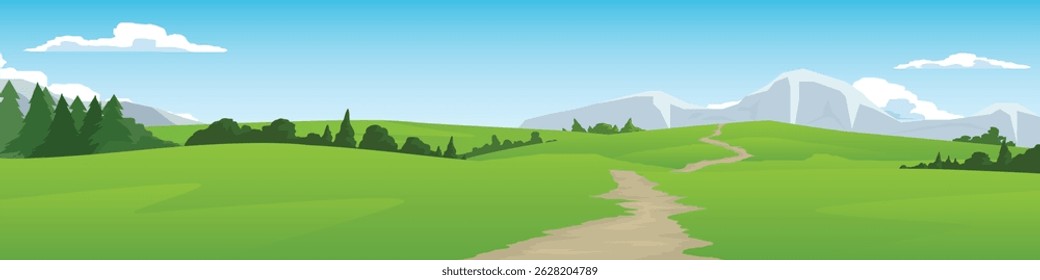 Poster of meadow landscape view. Winding dirt road. Through bright green landscape with hills trees. Empty space background of mountain and blue sky with white clouds.