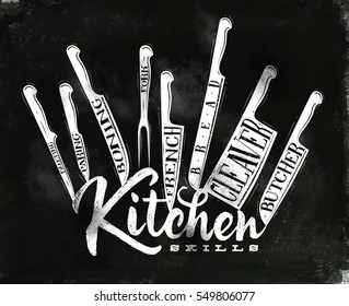 Poster meat cutting knifes butcher, french, bread, paring, fork, boning, cleaver, filleting in vintage style drawing with chalk on chalkboard background