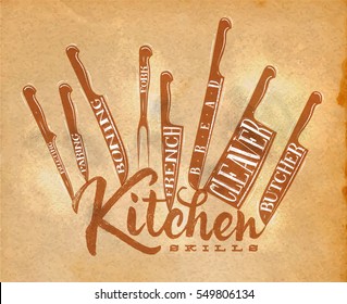 Poster meat cutting knifes butcher, french, bread, paring, fork, boning, cleaver, filleting drawing in retro style on craft paper background