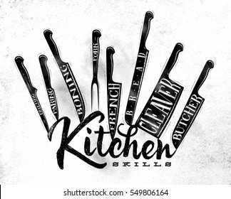 Poster meat cutting knifes butcher, french, bread, paring, fork, boning, cleaver, filleting drawing in vintage style on dirty paper background