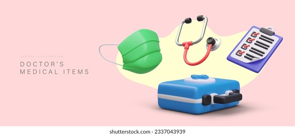 Poster with medical items. Doctor kit for doctor for examine patient. Box for first aid. Protection mask for medical worker. Vector illustration with place for text