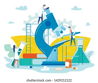 Poster Medical Smart Laboratory Cartoon Flat. Close Up Microscope and Books. Small People in White Coats Work with Pharmaceutical Preparations. Medical Equipment. Vector Illustration.