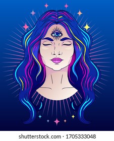 Poster with meditative woman with third eye, can be used for meditation or female sacral practice, neon lights colors, vector illustration