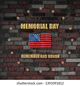 Poster for Memorial Day. Remember and honor. Federal holiday in the United States. Festive card with gold star against a vintage brick wall. Vector illustration