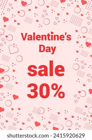 Poster with Memphis style frame with geometric shapes and red hearts. Text sale 30 percent. Design of pages for text. Set of templates.