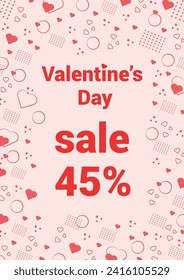 Poster with Memphis style frame with geometric shapes and red hearts. Text sale 45 percent. Design of pages for text.