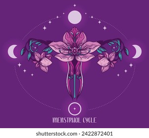 Cartel del ciclo menstrual con fases lunares y decoración floral, ilustración vectorial