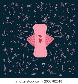 Poster menstruation female period. Background of Feminine hygiene and care products in the circle of doodle illustrations. The feminist Menstrual pattern is a female illustration. Vector illustration