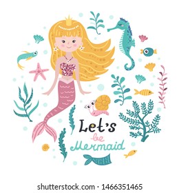 Poster with mermaid, sea animals and lettering. Vector illustration for your design