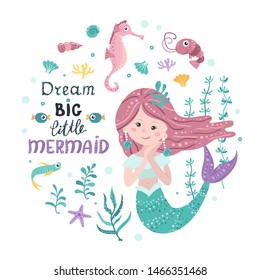 Poster with mermaid, sea animals and lettering. Vector illustration for your design