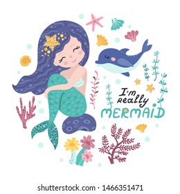 Poster with mermaid, sea animals and lettering. Vector illustration for your design