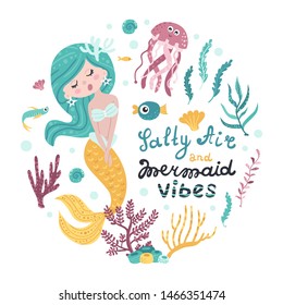 Poster with mermaid, sea animals and lettering. Vector illustration for your design