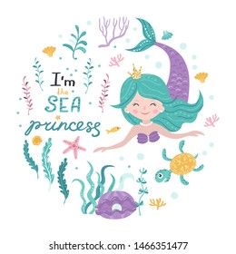 Poster with mermaid, sea animals and lettering. Vector illustration for your design