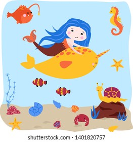 poster with mermaid and swordfish - vector illustration, eps