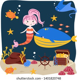 poster with a mermaid and a whale - vector illustration, eps