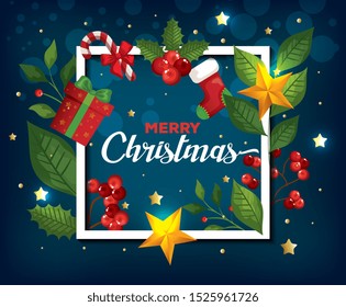 poster of merry christmas and frame with decoration vector illustration design