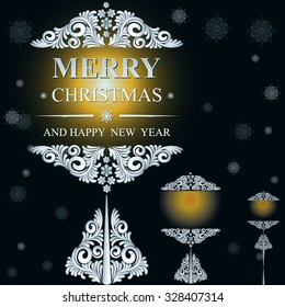 Poster Merry Christmas and Happy New Year. Winter pattern with Christmas toys. Ideal for banner, poster, invitations and greeting cards for holidays New Year and Christmas. Vector illustration