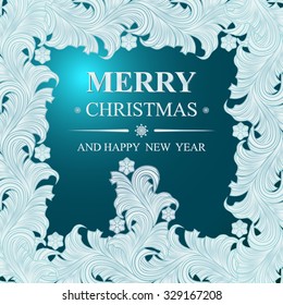 Poster Merry Christmas and Happy New Year. Winter pattern with Christmas toys. Ideal for banner, poster, invitations and greeting cards for holidays New Year and Christmas. Vector illustration