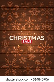 Poster Merry Christmas and Happy New Year wood background with snowflakes. Vector illustration