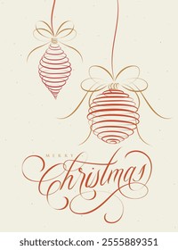 Poster Merry Christmas with lettering and red two tree toy drawing on beige background.
