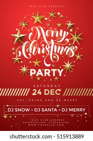 Poster For Merry Christmas Party. Red Vector Invitation Flyer With Gold Glitter Stars, Christmas Hand Lettering. A4 Banner For Xmas Event Template Design.