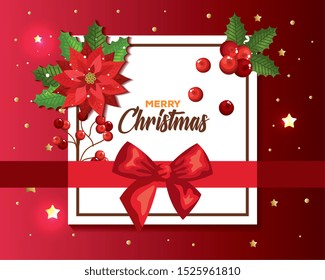 poster of merry christmas with ribbon bow and decoration vector illustration design