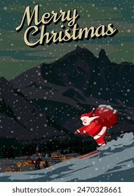 Poster Merry Christmas Santa Claus skiing in snow mountains resort
