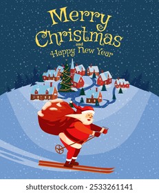 Poster Merry Christmas Santa Claus flying in the night sky by ski with sack full gifts