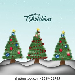 Poster of Merry Christmas with Christmas tree, star, snowflakes like decorative element's, 25th December banner for your design, vector art illustration 