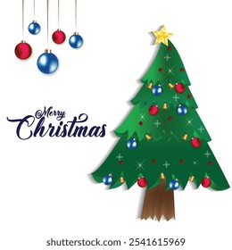 Poster of Merry Christmas with Christmas tree, star, snowflakes like decorative element's, 25th December banner for your design, vector art illustration