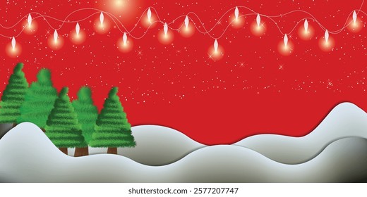 Poster of Merry Christmas with Christmas tree, star, dim light 25th December banner for your design, vector art illustration