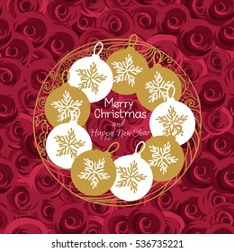 Poster Merry Christmas. Tree toy gold. Frame white curls round on a background flowers. Luxury decor seamless pattern with red roses. Vector illustration. 