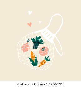 Poster with mesh bag full of fresh vegetables. Organic food concept. Vector illustration