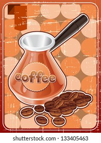 Poster with metal turk and coffee beans in retro style.