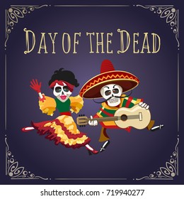 Poster to Mexican holiday Day of the dead with dancing skeletons in festive clothes. Vector illustration