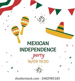 Afiche de un partido independentista mexicano con sombrero y maracas