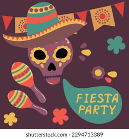 Poster for a Mexican party with a skull and maracas