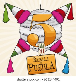Poster with Mexican pinata ready to be broken in the comemmoration of Battle of Puebla in May 5.