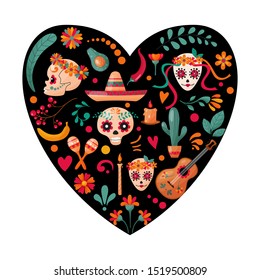 Poster with Mexican sugar skulls, floral and fruits decoration on the dark heart form background. 