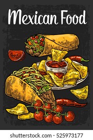 Poster Mexican traditional food with lettering. Burrito, tacos, chili, tomato, nachos. Vector color vintage engraved illustration for menu, poster, web. Isolated on dark background