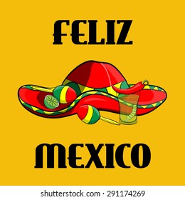 Poster Mexico with sombrero, spicy chili peppers, maracas, cactus and lime