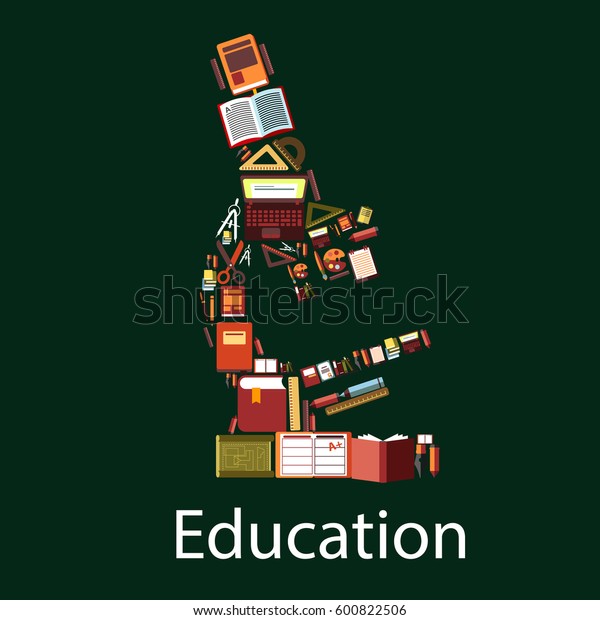 Poster with microscope designed if science and\
education items in astronomy, chemistry, physics, medicine,\
mathematics, geometry. Vector research books, ruler and scissors,\
laptop computer charts