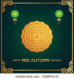 Poster for Mid-Autumn Festival, mooncake with traditional lanterns and golden abstract pattern,